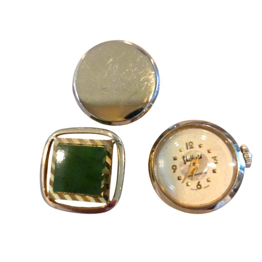 Vintage Sheffield Watch Cufflink, Vintage Swank Jade Cufflink, Goldtone Round
